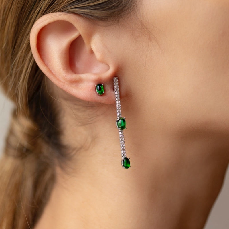 Asymmetric Pavé Emerald Drop Earrings